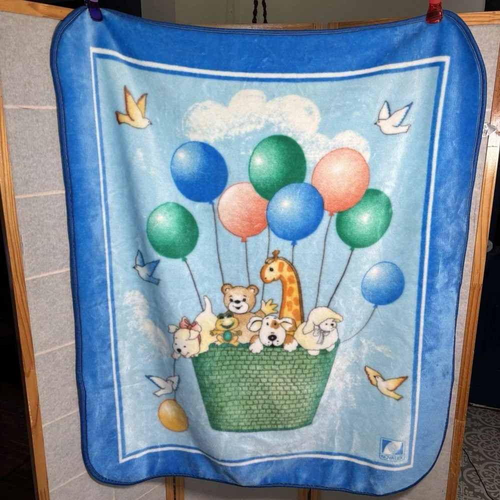 Vintage NovaTex Baby Blanket Hot Air Balloon Nursery Animals Zoo Clouds 43 X 51